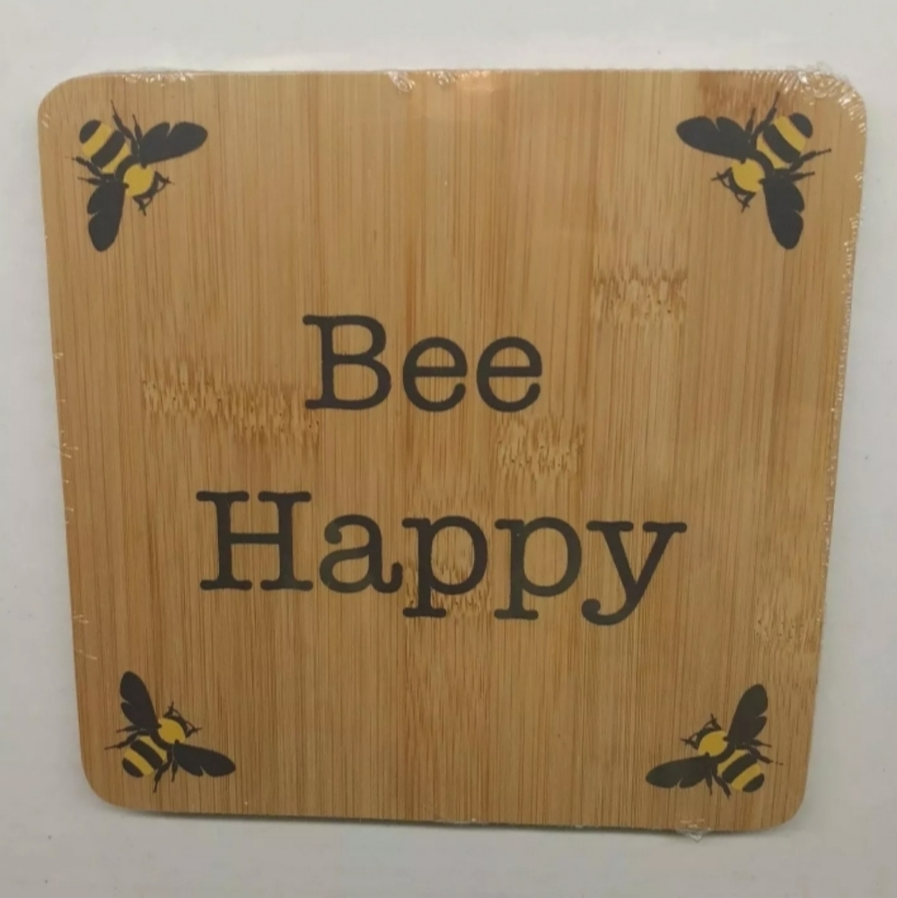 Kitchen Bamboo Trivet "Bee Happy" Bumblebee Bees 6.5” × 6.5" Farmhouse Style